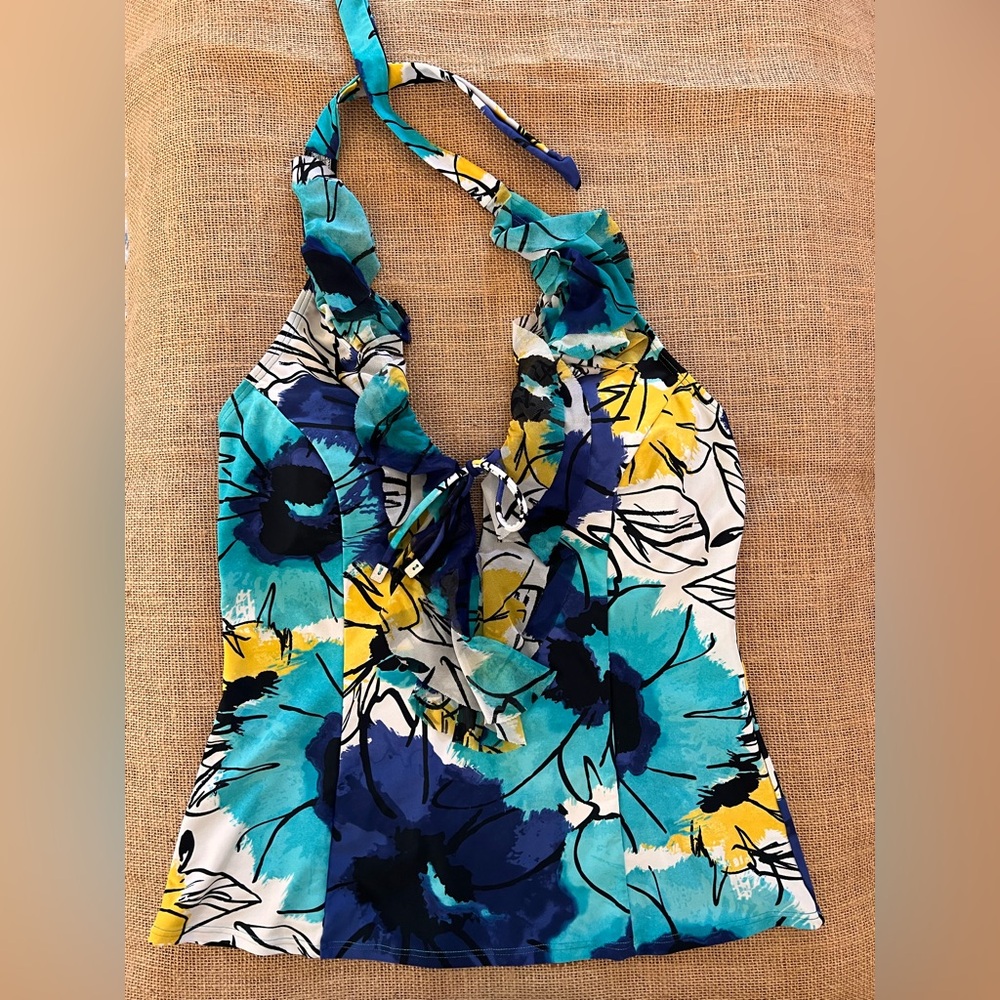 Tankini Swim Top Floral Halter Neck Top - Blue and Yellow 12 colorful summer